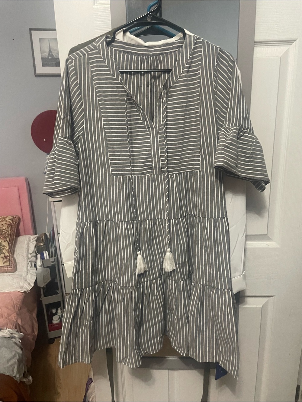 Women's Striped Gray Peasant Tunic Top